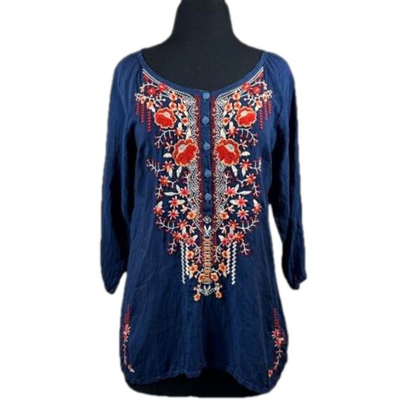 Johnny Was Embroidered Olivia Blouse Tunic Top 3/4 Sleeve Blue Floral Boho XS - Picture 1 of 14
